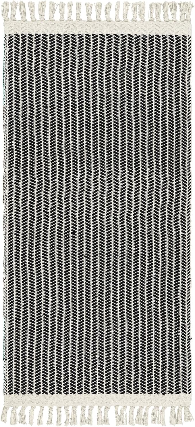 Lahome Boho Bathroom Runner Rug, 2x4.3 Washable Rugs for Kitchen Entryway | Woven Cotton Throw Door Mat with Tassels, Farmhouse Black Non Shedding Lightweight Low Pile Carpet for Entryway Bedroom