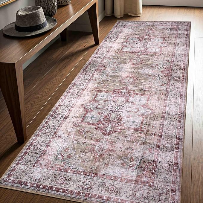 Machine Washable Area Rug, Soft & Durable, Non-Slip, Stain Resistant Rug for Bedroom, Living Room, Dining Room, High Traffic Areas, Eco- Friendly GRS Certified. (Pink/Beige, 2.5' X 7')