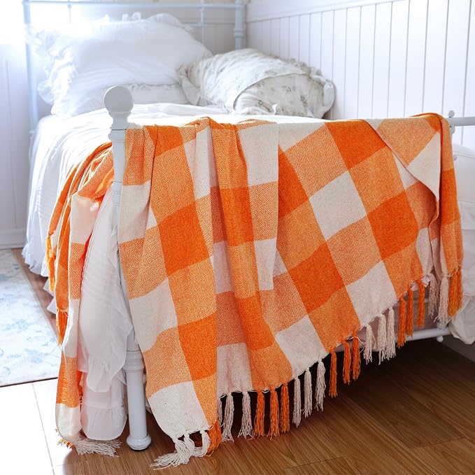 Orange White Buffalo Plaid Decor Blanket, Lightweight Soft Chenille Check Knitted Rustic Farmhouse Throw with Tassels for Couch Sofa Chair Bed Office Home, 60" x 80"