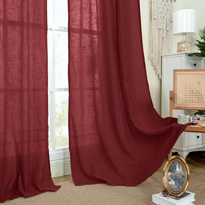 95 Inches Long Linen Curtains for Living Room, Semi Sheer Panels | Light Filtering, Christmas Drapes for Bedroom, Dining Room, Burgundy Red, Rod Pocket Back Tab, Set of 2, 52 x 95 Inch