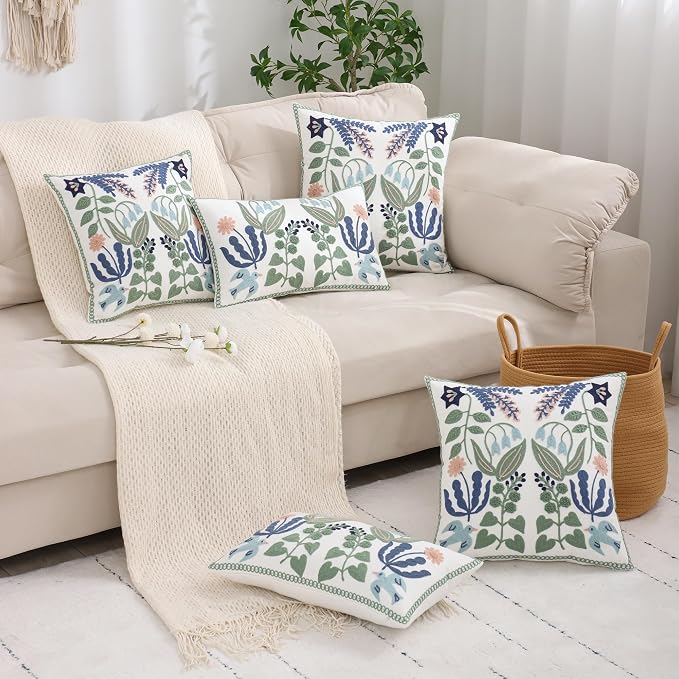 Embroidered Throw Pillow Covers 18x18 inch Set of 2 Blue Birds | Durable Fabric,Square Pillow Cover,Boho Decorative,Hidden Zipper,Aesthetic Design,Ideal Gift,Machine Washable