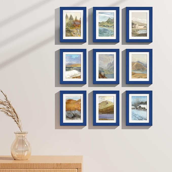 Vittanly 5x7 Picture Frames Set of 9 for Wall or Tabletop Display, Blue | Display Pictures 4x6 with Mat or 5x7 without Mat, Small Photo Frames, Engineered Wood with Shatter Resistant Plexiglass