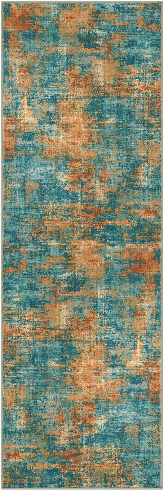 Lansny Abstract Washable 2x6 Hallway Runner Rug Non Slip Kitchen Runner | Teal/Orange;Thin Printed Faux Wool Rug Runners;Entryway Runner Indoor;Rubber Backed 6ft Carpet Runners;Bedroom Runner