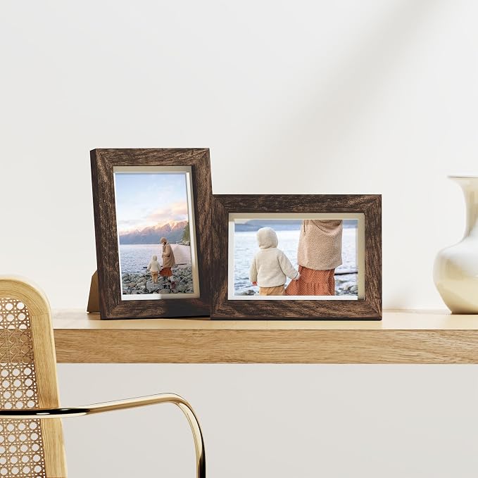 Vittanly 4x6 Picture Frames Set of 9 for Wall or Tabletop Display, Brown | Display Pictures 3.5x5 with Mat or 4x6 without Mat, Small Photo Frames, Engineered Wood with Shatter Resistant Plexiglass