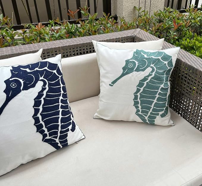 Embroidered Nautical Decor Pillow Cover,Square 18 Inches Decorative Canvas Pillow Cover for Nautical Style Deco by (Seagreen-Seahorse-New)
