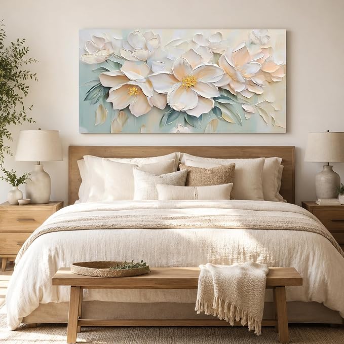 Anolyfi Large White Floral Canvas Wall Art for Living Room Bedroom 40"x20" | HD Print and Hand-painted Textured, Easy to Hang, Durable Colorfast, Modern Flowers Sage Paintings for Hallway Home Decor