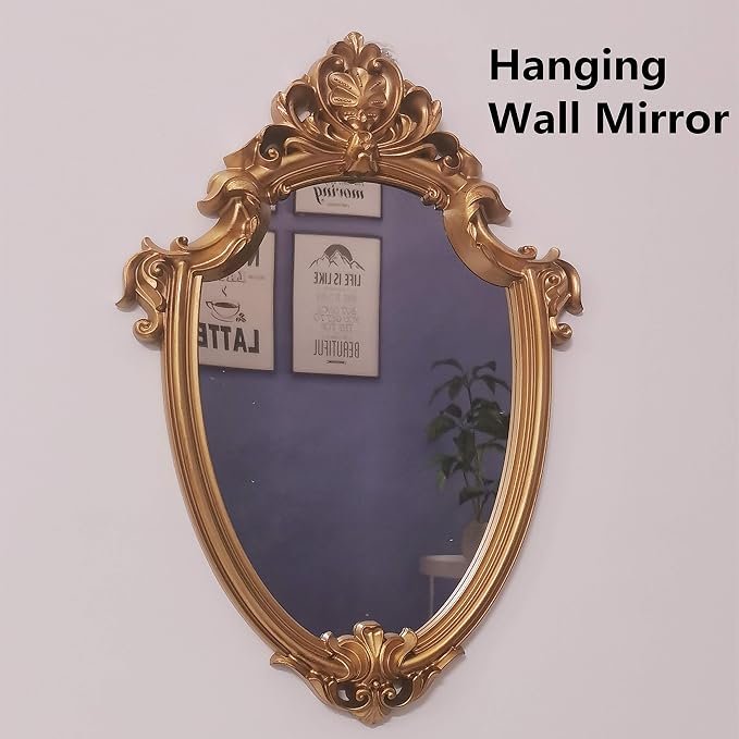 Yash Decorative Wall Mirror, Vintage Hanging Mirrors for Bedroom Living-Room Decor, 11”x 16.5”, Antique Gold