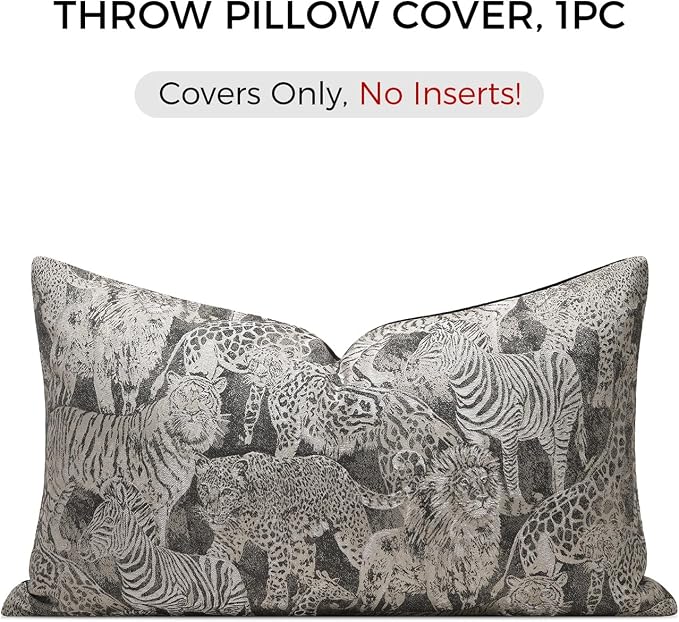 Wildlife Safari Throw Pillow Cover 12x20 inch, Animal Jacquard Cushion Cover, Lion Tiger Cheetah Zebra Giraffe Pattern, Decorative Pillow Case with Hidden Zipper for Living Room Couch