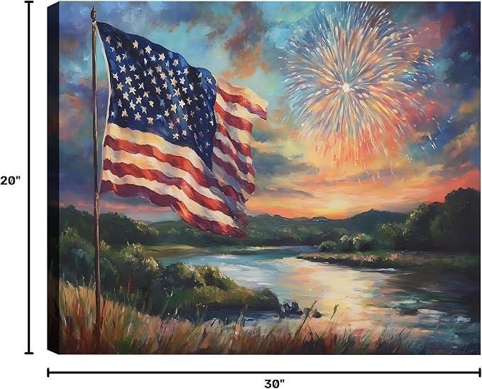 Framed American Flag Sunset Fireworks Wall Art, Patriotic 4th of July Canvas Art Pictures, USA Flag Wall Decor for Living Room Man Cave Bar, Ready to Hang Made in USA
