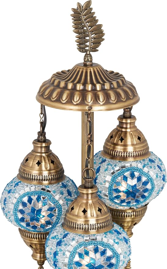 DEMMEX 3-Globe Turkish Moroccan Table Lamp, Tiffany Mosaic Glass Bedside Night Light, Handmade Colorful Mosaic Glass Globes & Antique Brass Finish Base, 21" H, Sky Blue & White