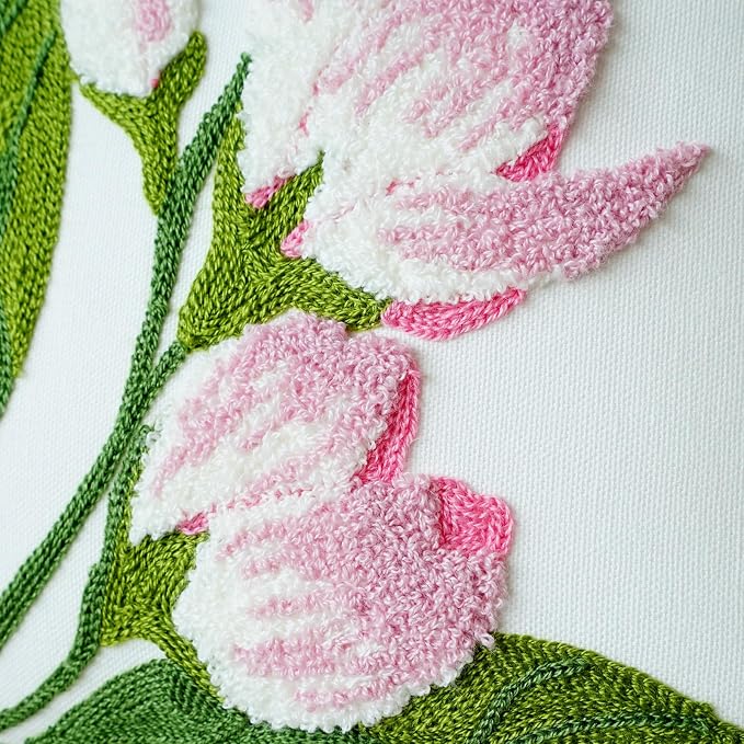 vctops Farmhouse Hibiscus Flowers Cotton Tufted Throw Pillow Cover Spring Floral Embroidery Pillowcase Soft Square Cushion Case for Sofa Couch Bed Chair (Pink F,18"x18")
