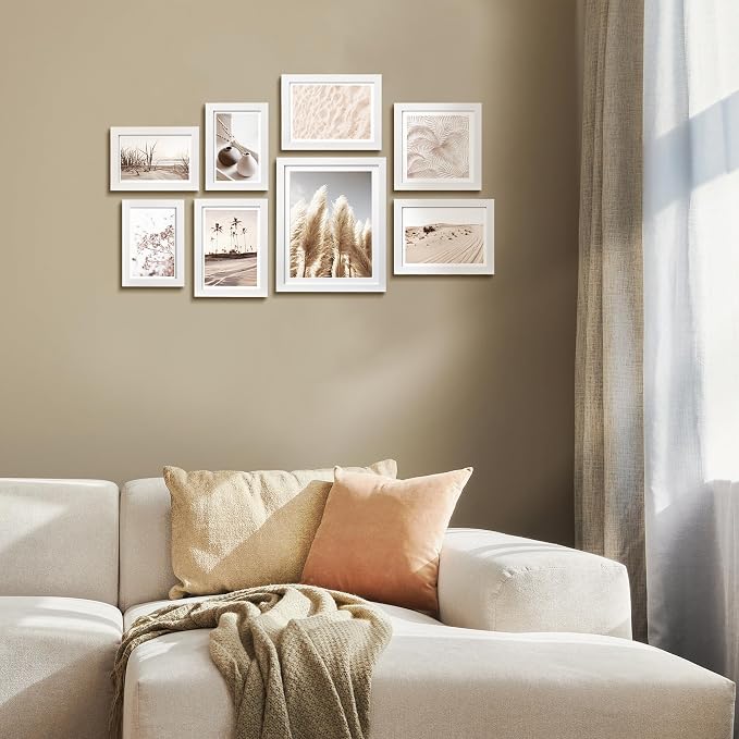 Gallery Wall Frame Set, 8 Pack White Picture Frames, Small | Collage Pampas Grass Prints Wall Art Decor for Living Room, Entryway, Stairway, Bedroom, Assorted Size