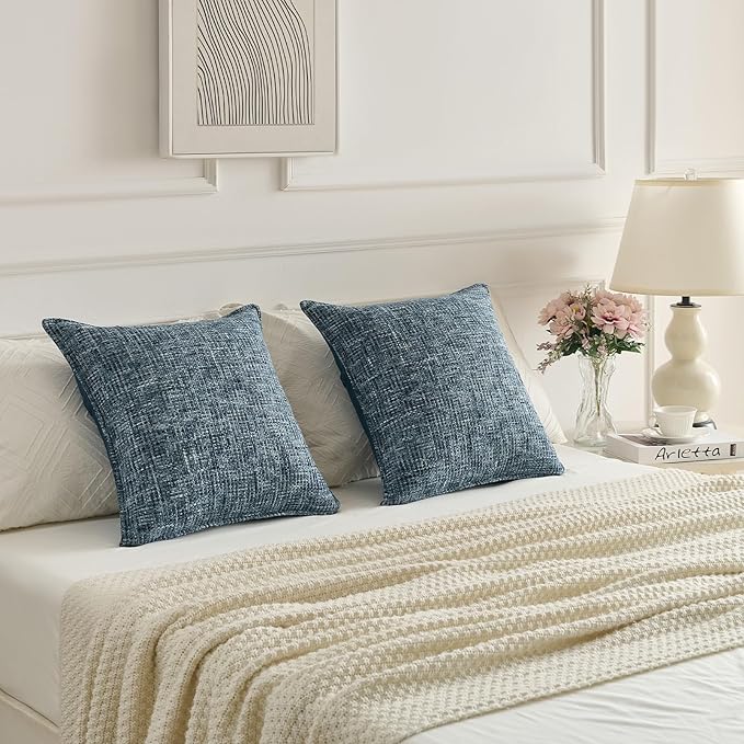 FUTEI Pack of 2 Chenille Tweed Vintage Throw Pillow Covers 22x22 Inch Soft Decorative Cushion Case Modern Farmhouse Accent for Couch Bed Living Room, Navy