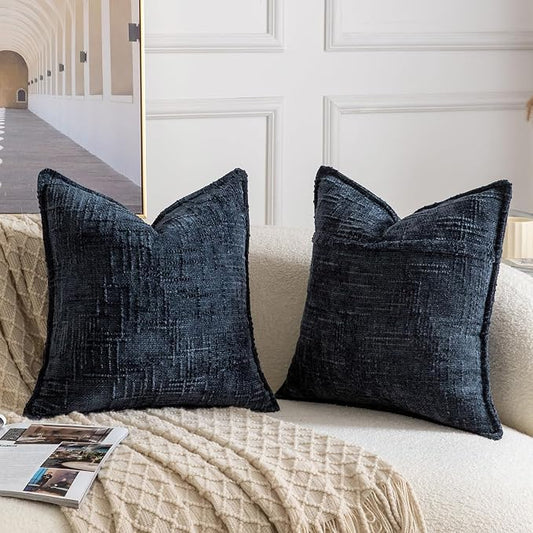 MADIZZ Pack of 2 Chenille Throw Pillow Covers 18x18 Inch Dark Blue Soft Neutral Decorative Throw Pillows for Couch Sofa Boho Accent Cushion Covers Modern Farmhouse Home Decor for Bedroom Living Room