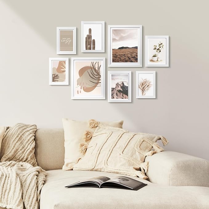 Gallery Wall Frame Set, 8 Pack Neutral Wall Decor, White, Small | Minimalist Collage Picture Frames Wall Art for Living Room, Entryway, Stairway, Bedroom, Assorted Size