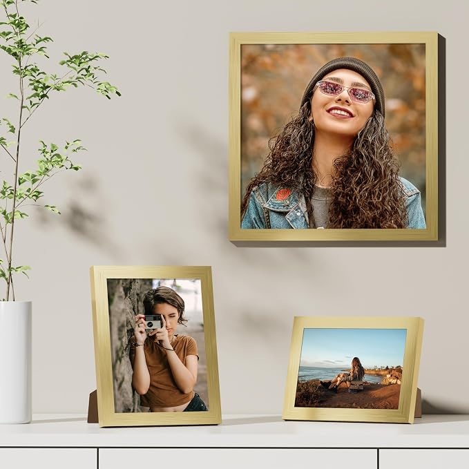 Vittanly 12x12 Picture Frames Set of 9 for Wall Mounting, Gold | Display Pictures 8x8 with Mat or 12x12 without Mat for Wall Mounting, Square Photo Frames for Home Decor, Engineered Wood