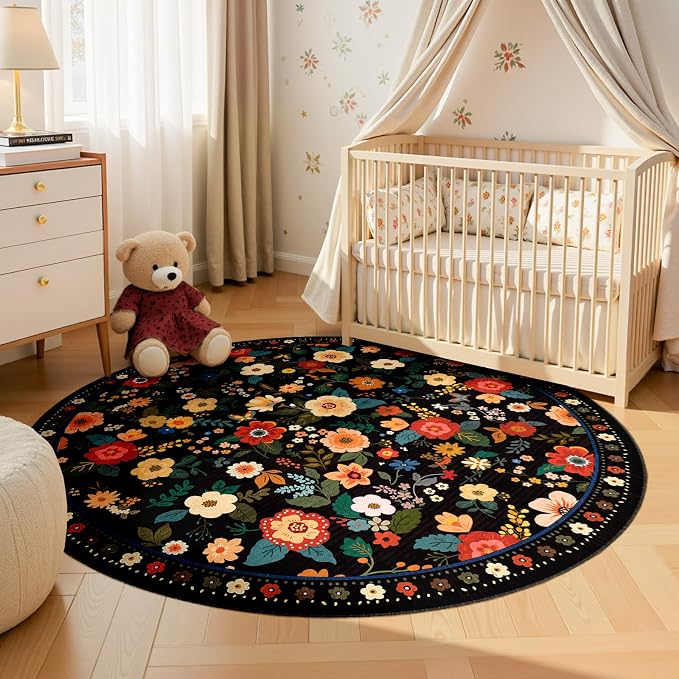 Washable Floral Area Rug for Living Room Round 4ft Black | Non-Slip,Vacuum-Friendly, Low Pile, Flower Carpet for Bedroom Kitchen Entryway Dining Room Office Nursery
