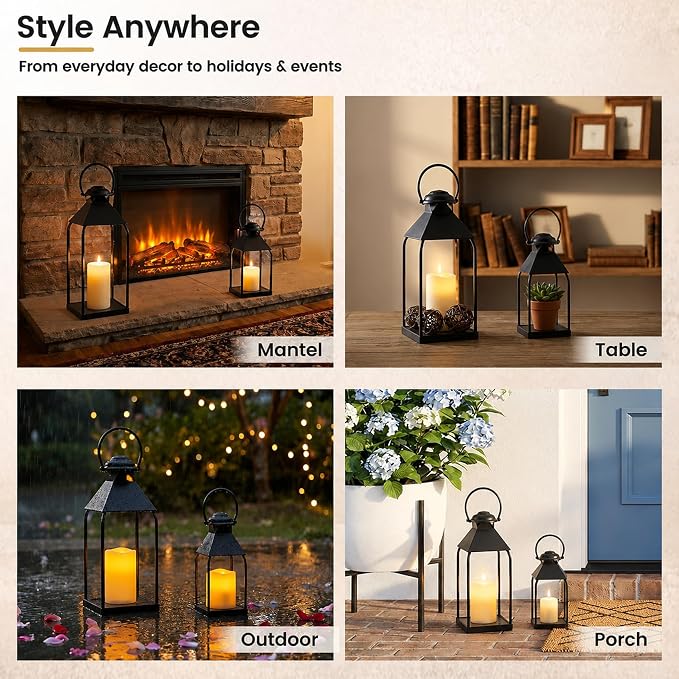 Decorative Metal Lanterns Indoor Outdoor, Set of 2 Outdoor Candle Holder | Candle Holder for Porch, Patio, Fireplace, Floor, Wedding & Christmas, Party Decoration, Holiday Table Centerpiece
