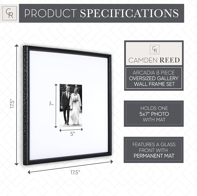 Arcadia Gallery Wall Frame Set, 16x20 and 16x16 Inch Matted Frames, 8x10 and 5x7 Inch Display, Black, 8 Piece