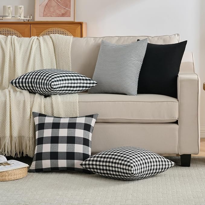 CARRIE HOME Black White Farmhouse Striped Pillow Covers 18x18 Set of 2 Black and White Farmhouse Decor Pillows for Sofa Bedroom and Chair