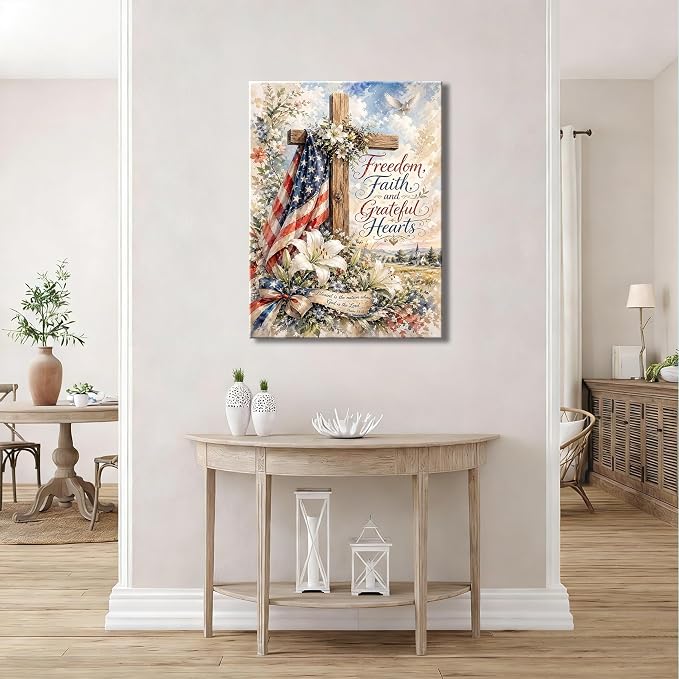 RIBNTAK 4th of July Wall Art Canvas Prints Pictures Patriotic Christian Artwork American Flag Cross Decor Faith Freedom Religious Canvas Art for Living Room Bedroom Office Farmhouse Home Decorations