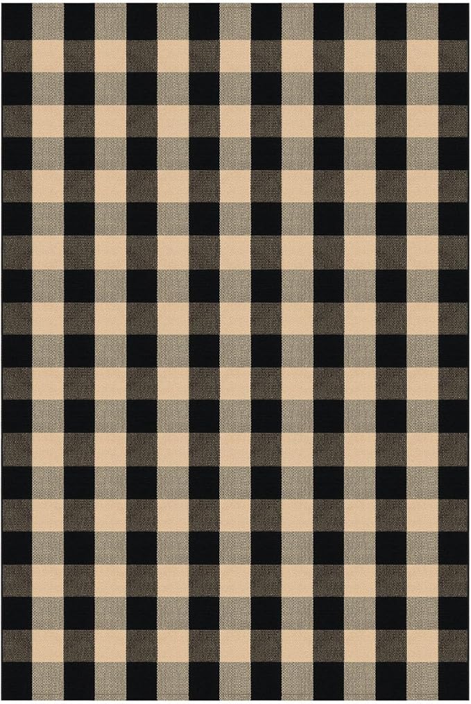 KOZYFLY Buffalo Plaid Area Rug 5x7 ft Living Room Rug, Brown and Black | Washable Checkered Rugs, Cotton Bedroom Rug, Woven Dining Room Rug, Indoor Outdoor Carpet for Farmhouse Patio Front Porch