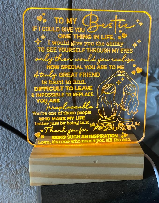 to My Bestie, Never Forget You are My Person Heartfelt LED Night Light for Best Friend Bestie Gifts for Women USB Powered Lamp with Pinky Promise Design Wooden Base Friendship Gift