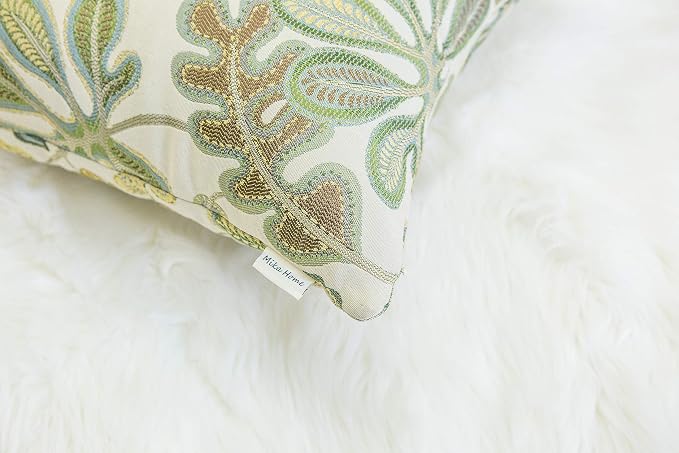 Mika Home Set of 2 Jacquard Tropical Leaf Pattern Throw Pillow Covers Decorative Pillowcase 20X20 Inches,Green Cream