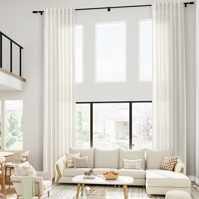 Extra Long Curtains 2 Panels 204 Inches Long for Dinning Room Cream Back Tab Rod Pocket Light Filtering Semi Sheer Drapes Cotton Linen Textured Window Curtain for Bedroom 52x204