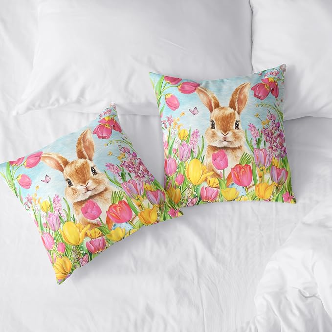 Easter Bunny Pillow Covers 16x16 Set of 2 Lovely Rabbit with Tulip Throw Pillow Covers Spring Pillow Case Floral Cotton Blend Cushion Case for Easter Decor Sofa Patio Garden