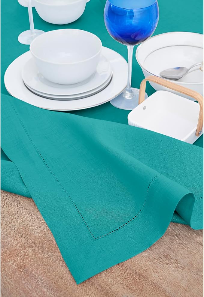 Solino Home 100% Pure Linen Table Runner Teal, Classic Hemstitch 14 x 72 in | styles dining tables for meals and celebrations, hemstitched border, mitered corners, easy to care for, OEKO-TEX Certified