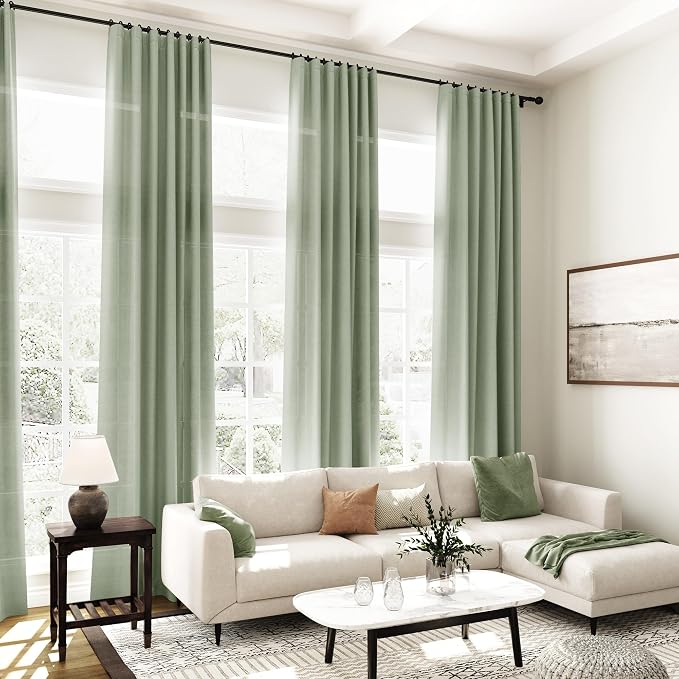 Desert Sage Linen Curtains 90 Inch Long 2 Panels Set for Bedroom Living Room Linen Textured Window Drapes Semi Sheer Light Filtering Rod Pocket Back Tab Cotton Textured Farmhouse Curtain 52x90