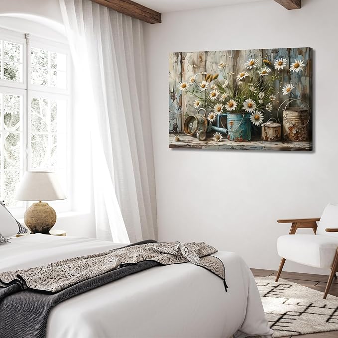 Rustic Farmhouse Daisy Canvas Wall art Vintage Country White Daisy Picture Wall Decor Neutral Still Life Flower Botanical Painting Artwork for Farmhouse Bedroom Bathroom Home Decoration 16x24in
