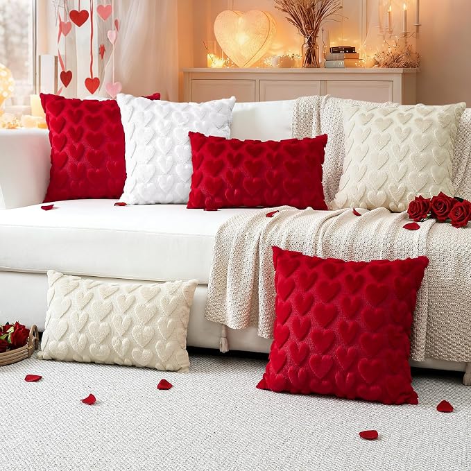 Artscope Valentines Pillow Covers 18x18 Set of 2 Decorative Love Heart Valentines Day Throw Pillow Cases Soft Plush Faux Fur Couch Cushion Case for Holiday Sofa Bed Room Home Decor-White Heart