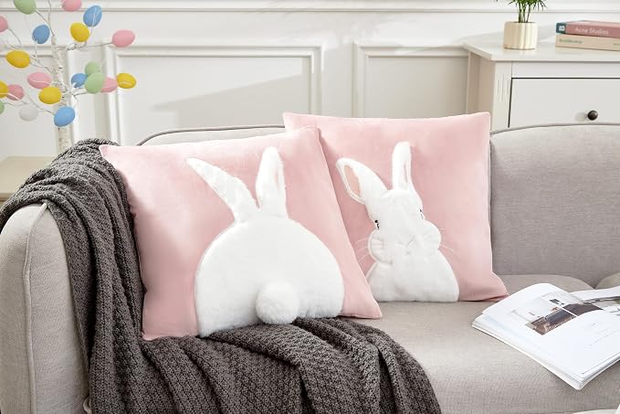 Pack of 2 Spring Easter Pillow Covers 18x18 Inch,3D Embroidered Bunny Rabbit Throw Pillowcase Velvet Easter Decorative Throw Covers Cushion Cover (Pink-2PCS)