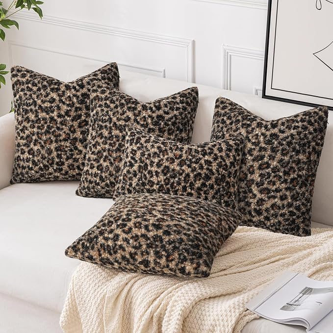 cygnus Cheetah Print Boucle Throw Pillow Covers 18x18 Inch | Set of 2 Soft Fuzzy Curly Textured Decorative Pillowcase, Leopard Pillows for Living Room Bedroom Stockholm Home Decor