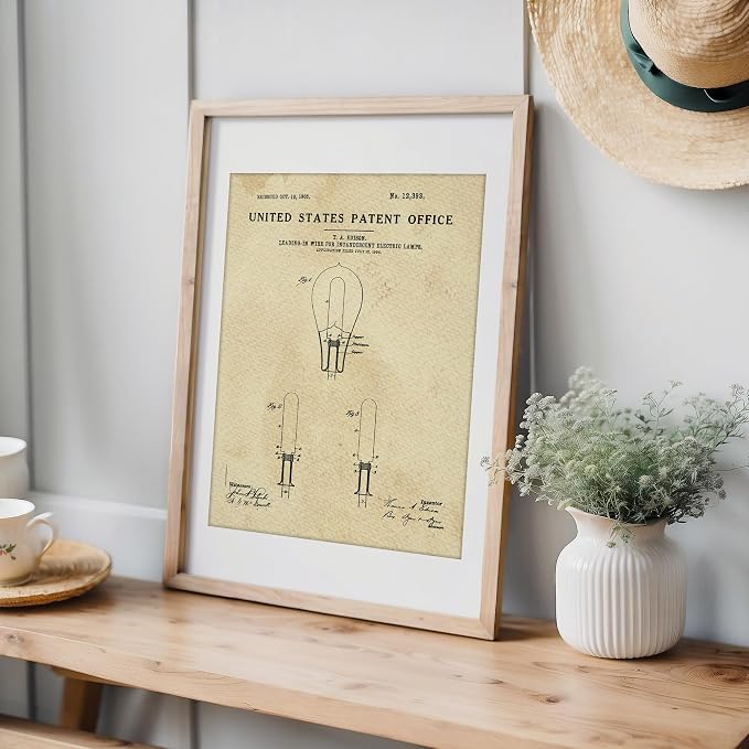Light Bulb Patent Print Wall Art | Unframed 8x10 | Thomas Edison Vintage Wall Art | Aesthetic Wall Décor | Unique Design Print for Home, Office, or Living Room | Vintage Art Prints for Modern Spaces