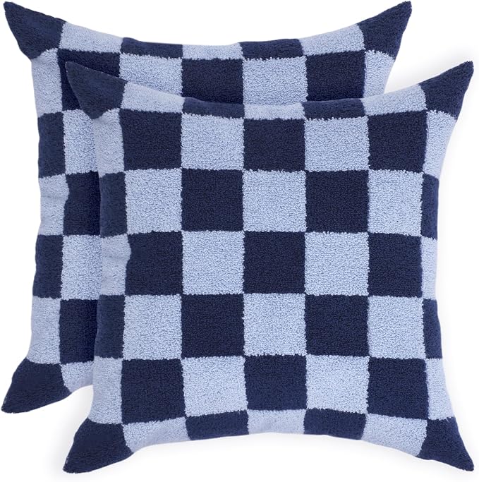 Alysheer Checkered Embroidered Throw Pillow Covers 18"x 18" 2pc Navy Blue