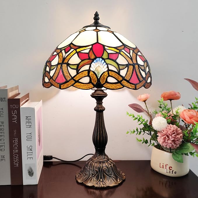 Tiffany Table Lamp Yellow Vines Flowers Stained Glass Desk Light 12 Inch Tiffany Style Bedside Lamp with LED Bulb for Bedroom Living Room Office Decor
