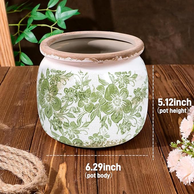 Dosayes Vintage Plant Pot,6.29 inch Green Ceramic Flower Pot with Drainage