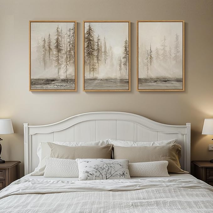 Framed Neutral Abstract Tree Landscape Wall Art for Living Room, 20x30 Inch | 3 piece, Modern, Canvas artwork, Pine tree forest picture, Farmhouse wall decor, Home office art, Ready to hang, Wood frame