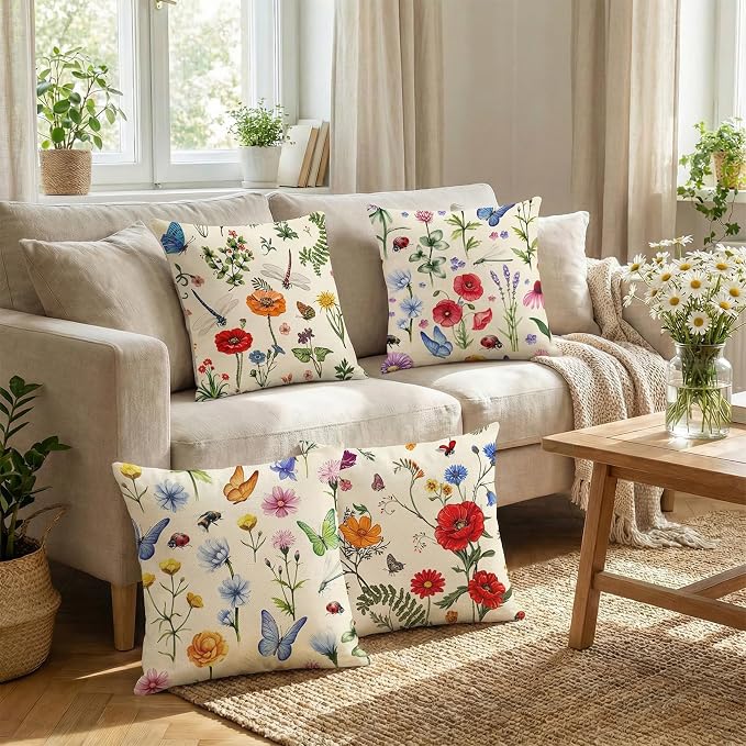 ONFAON Spring Pillow Covers 18x18,Spring Summer Garden Flowers Farmhouse Decor Outside Furniture Bench Chair Decorative Cushion Cases for Swing Deep Seat Bed Couch Sofa Set of 4