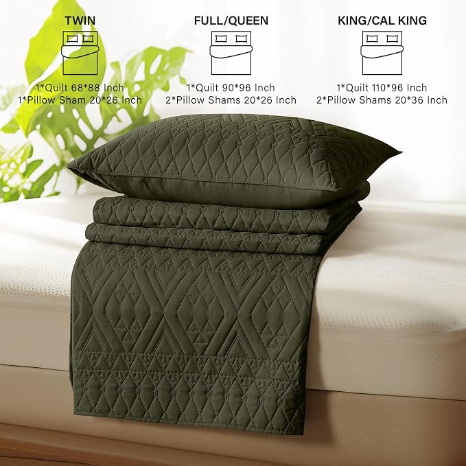 akkialla King/Cal King Size Quilt Bedding Set,Olive Green Lightweight Microfiber Soft Bedspread,Modern Style Geometric Pattern Coverlet Set for All Seasons,3 Piece(1 Quilt,2 Pillow Shams)