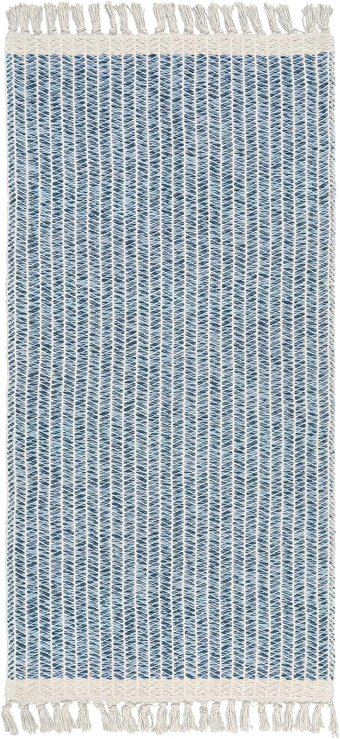 Lahome Boho Bathroom Runner Rug, 2x4.3 Washable Rugs for Kitchen Laundry | Woven Cotton Throw Door Mat with Tassels, Farmhouse Blue Non Shedding Lightweight Low Pile Carpet for Entryway Bedroom