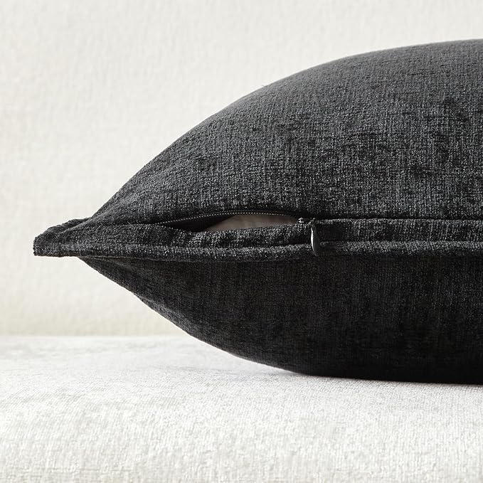JUSPURBET 24x24 Chenille Decorative Throw Pillow Covers Set of 2,Black | Cozy Soft Cushion Cover Case with Hidden Zipper for Couch Sofa Bed Living Room Home Decor Halloween