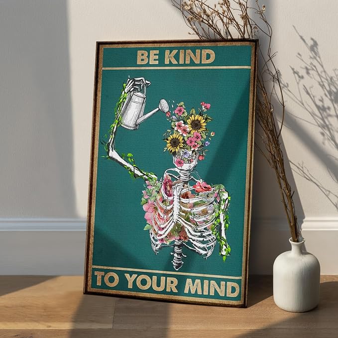 DIHSIEG Be Kind To Your Mind Canvas Wall Art Gothic Botanical Print 12x16 | Inspirational Modern Home Decor Vintage Skeleton Flower Wall Art for Bedroom, Living Room, Office & Study, Meditation Space