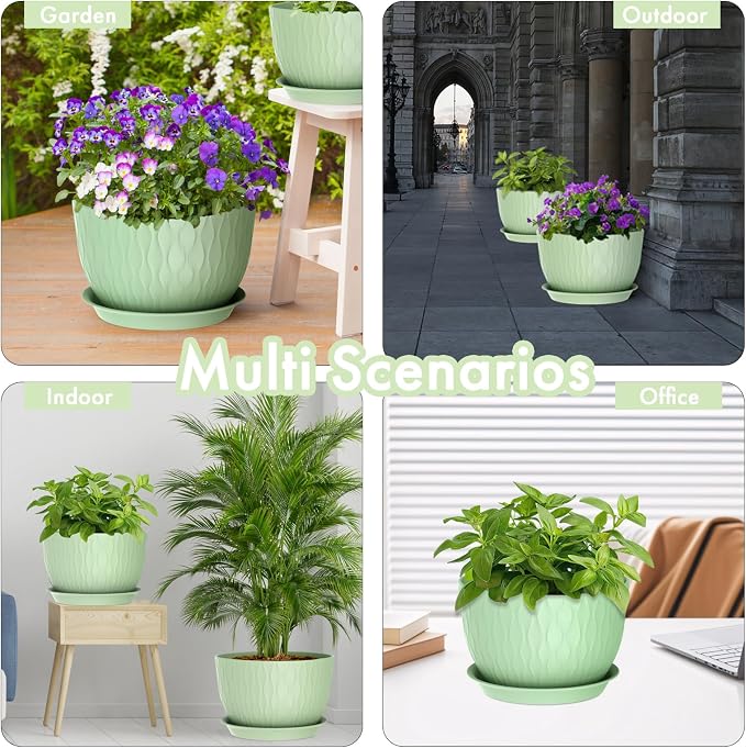 WSMKSZ 12 Inch Large Plant Pots for Indoor or Outdoor Plants, Wide Water Ripples Flower Pots with Drainage Holes & Saucer, Plastic Planters Set for Garden & Home Decor (Green)