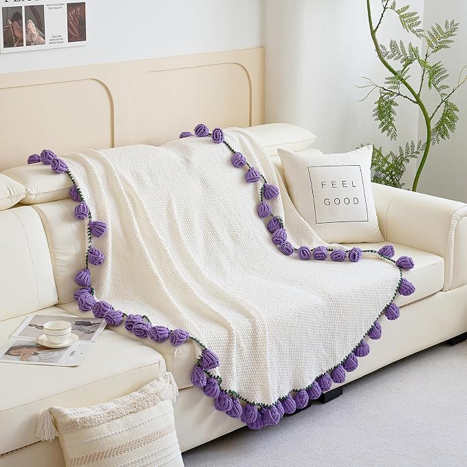 Crochet Flower Bouquet Throw Blanket, Handmade Knitted Blanket with Tulip, Cute Romantic Gift for Her Girlfriend Mom Mother’s Day Valentine Wedding Anniversary Birthday, Purple 40 Inches