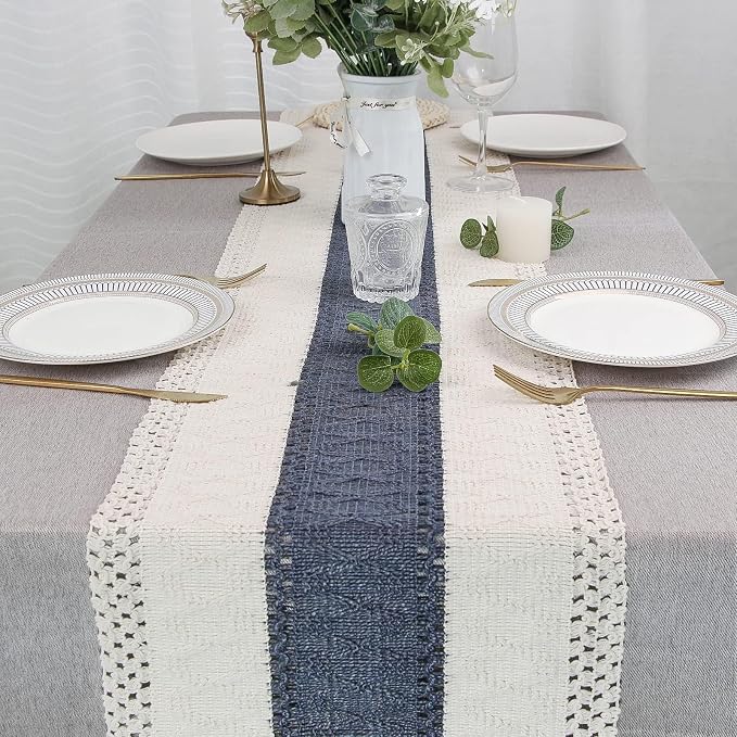 Boho Table Runner for Home Decor 12x72 Blue Fall Rustic Decorations | 72 Inches Long with Tassels Table Runner Macrame Farmhouse Birthday Wedding Dining Kitchen Living Room Baby Shower Decor