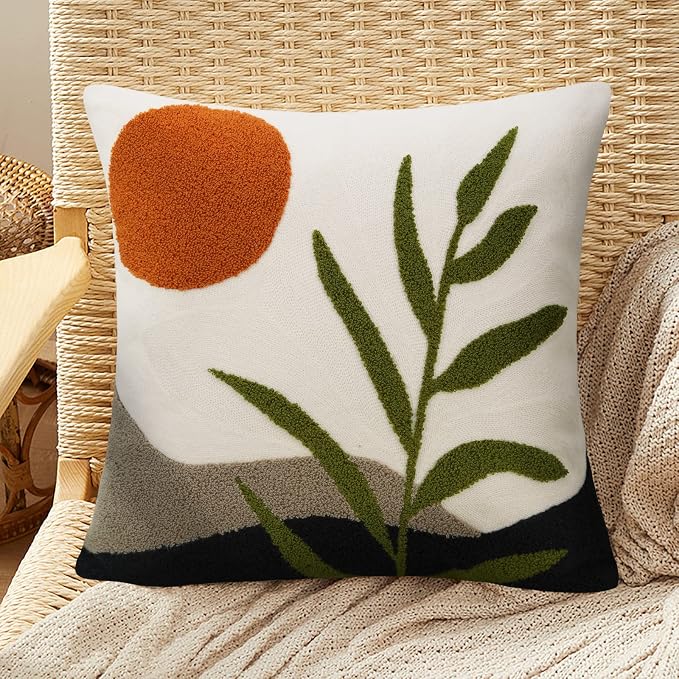 Merrycolor Decorative Throw Pillow Covers 16x16 Boho Pillow Covers Tufted Mid Century Modern Throw Pillows Abstract Leaf Pillow Cover Aesthetic Boho Pillows for Couch Bed Sofa Living Room 1PC